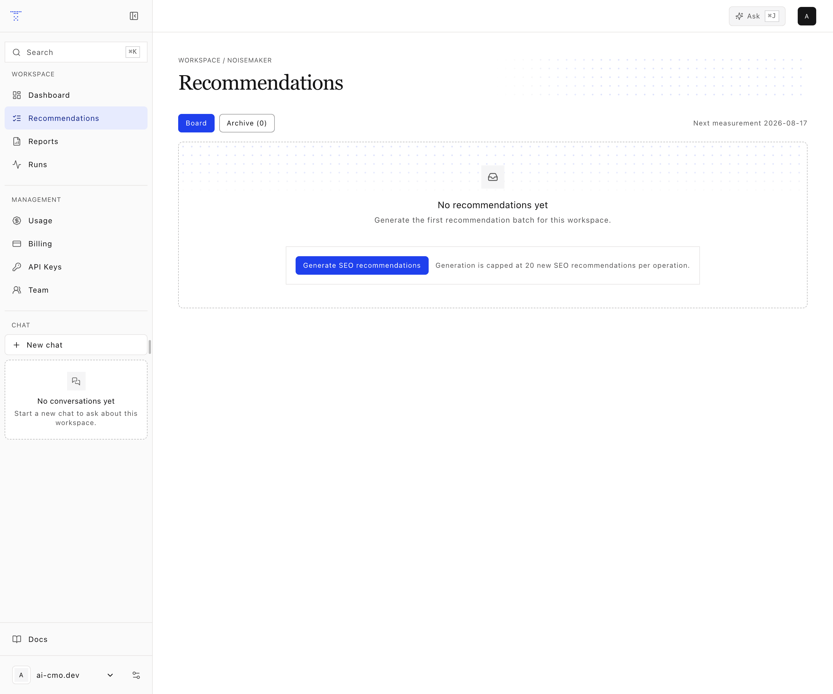ai-cmo.dev recommendation board with prioritized work